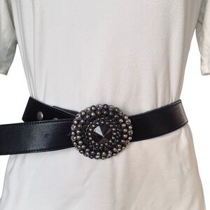Leatherock Black Leather Belt Round Crystal Studded Buckle